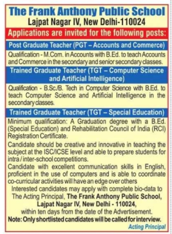 Job Vacancy: Teaching Staff at The Frank Anthony Public School