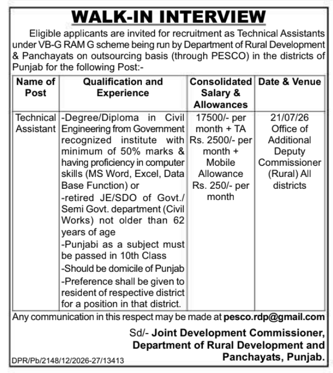 Job Vacancy: Technical Assistant Selection for Department of Rural Development, Punjab