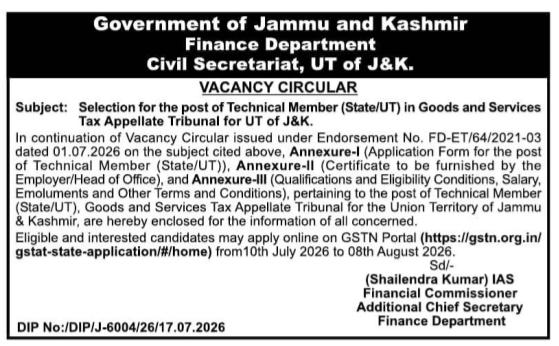 Job Vacancy: Technical Member at Goods and Services Tax Appellate Tribunal