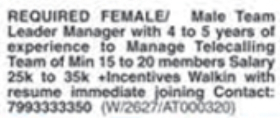 Job Vacancy: Telecalling Team Leader Manager