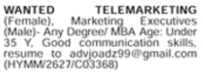 Job Vacancy: Telemarketing and Marketing Executives