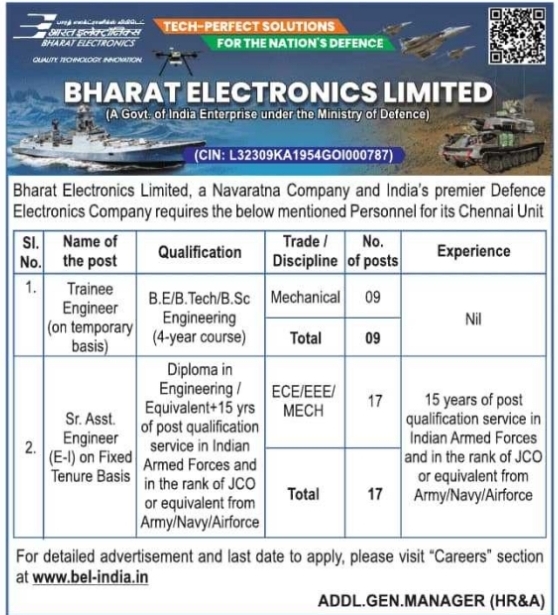 Job Vacancy: Trainee and Senior Assistant Engineer Recruitment at BEL Chennai
