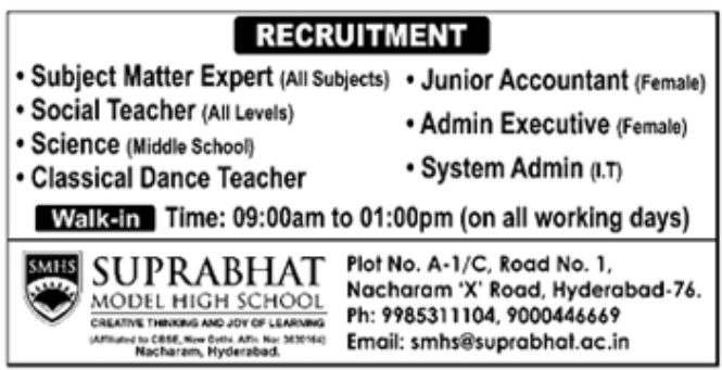 Job Vacancy: Walk-in Faculty and Staff Recruitment at Suprabhat Model High School