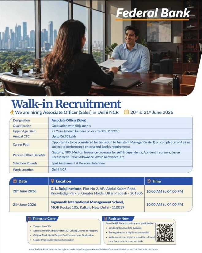 Job Vacancy: Walk-in Recruitment for Associate Officer (Sales) at Federal Bank