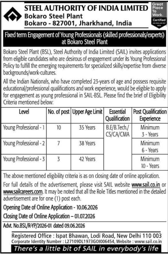 Job Vacancy: Young Professionals Recruitment at SAIL Bokaro Steel Plant