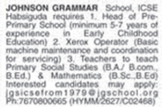 Johnson Grammar School ICSE Recruitment