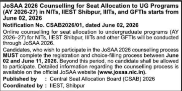 JoSAA 2026 Counselling for Seat Allocation to UG Programs