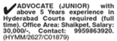 Junior Advocate Job Vacancy in Shaikpet