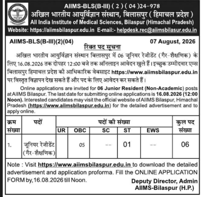 Junior Resident Doctor Recruitment Notice by AIIMS Bilaspur