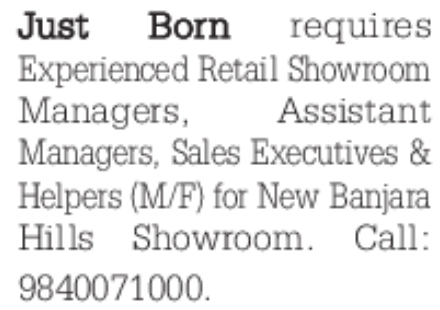 Just Born Showroom Staff Recruitment