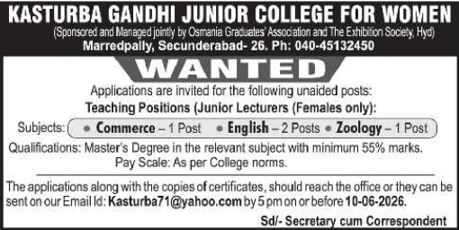 Kasturba Gandhi Junior College Lecturer Vacancies