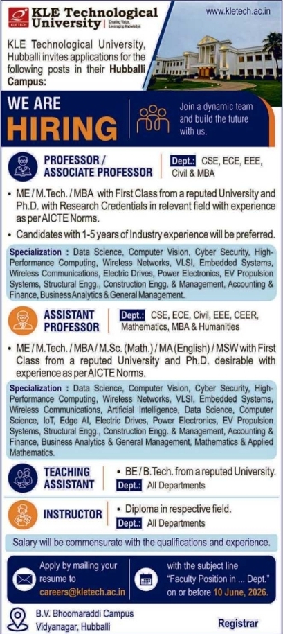 KLE Technological University Hubballi Recruitment: Multiple Faculty & Staff Vacancies
