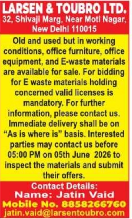 Larsen & Toubro Notice: Sale of Used Office Furniture, Equipment, & E-Waste