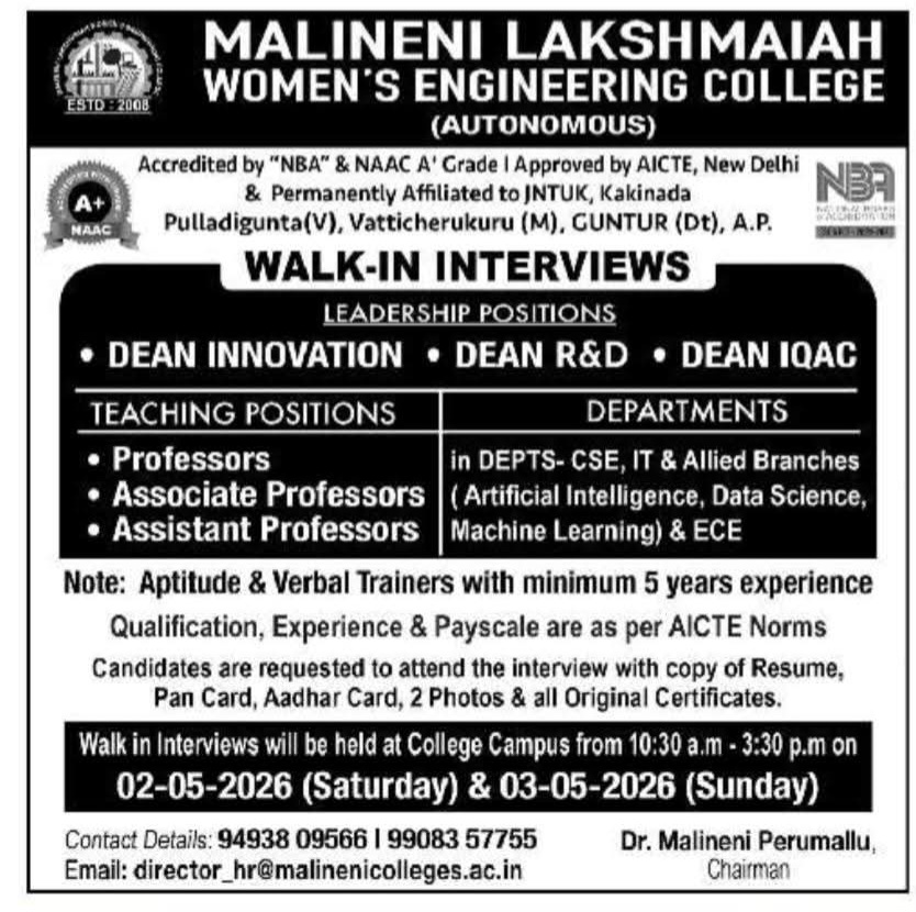 Leadership & Faculty Recruitment at Malineni Lakshmaiah Women’s Engineering College