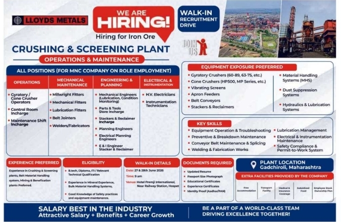 Lloyds Metals Walk-In Recruitment Drive: Crushing & Screening Plant Operations & Maintenance