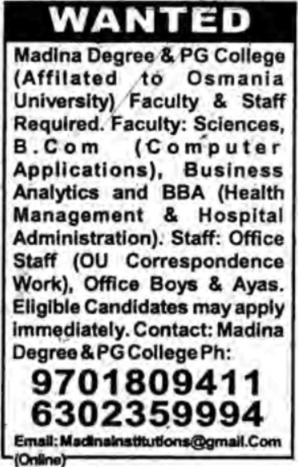 Madina Degree & PG College: Faculty & Staff Recruitment