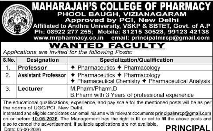 Maharajah's College of Pharmacy: Faculty Recruitment