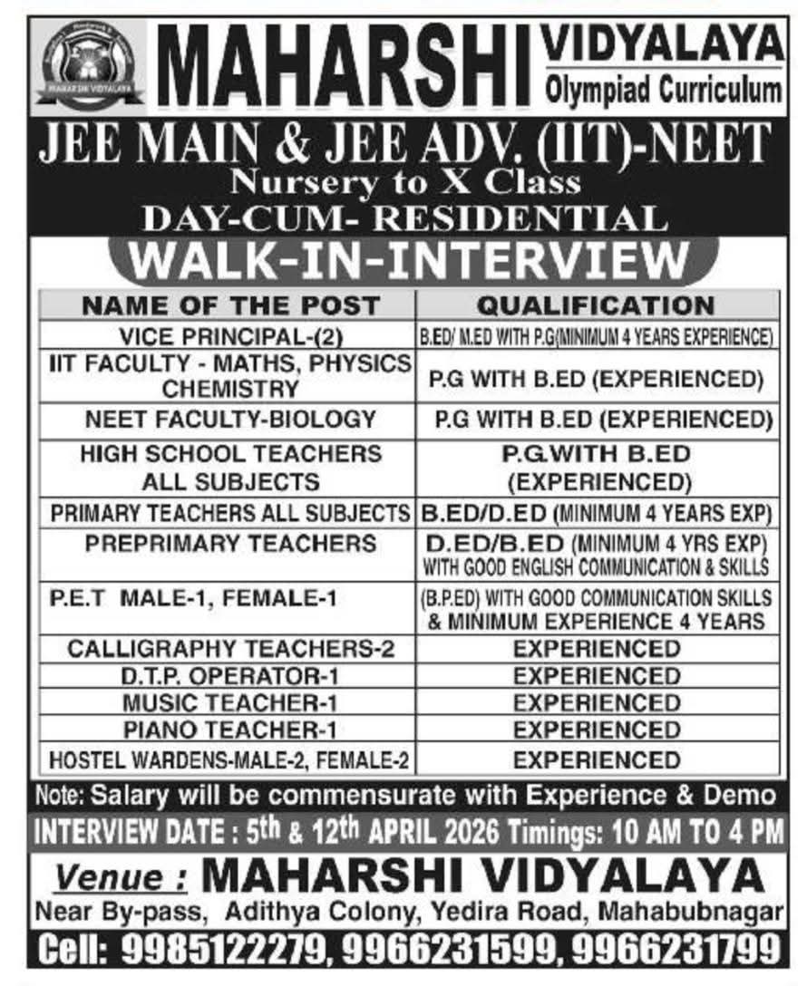 Maharshi Vidyalaya Teacher Recruitment 2026