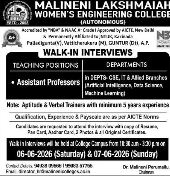 Malineni Lakshmaiah College: Assistant Professor Walk-in