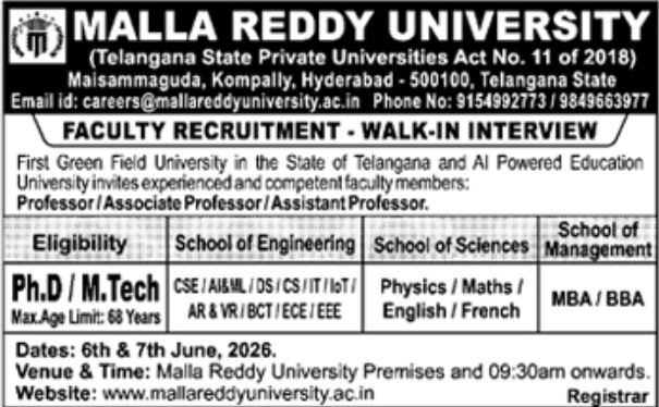 Malla Reddy University: Faculty Recruitment Walk-In