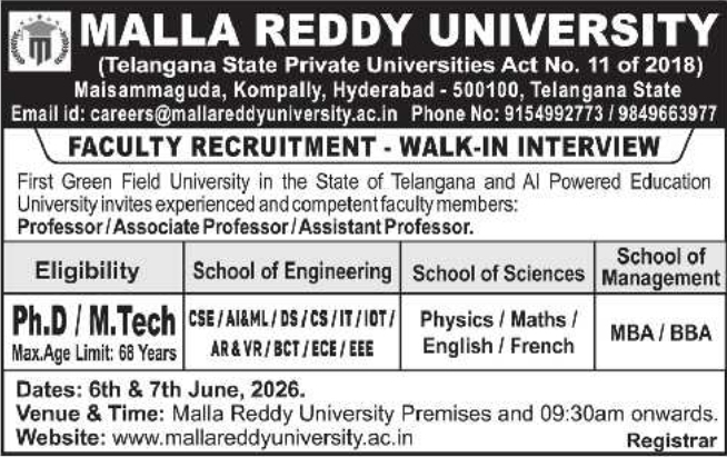Malla Reddy University: Faculty Recruitment