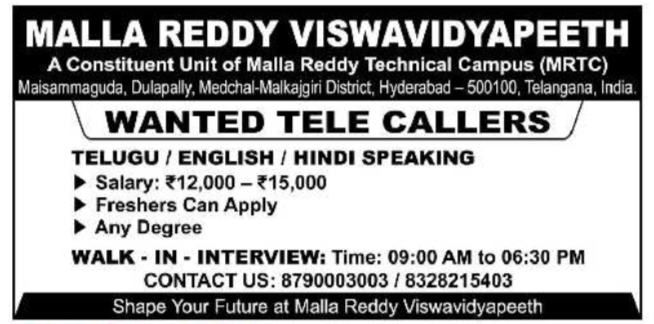 Malla Reddy Viswavidyapeeth Telecallers Recruitment