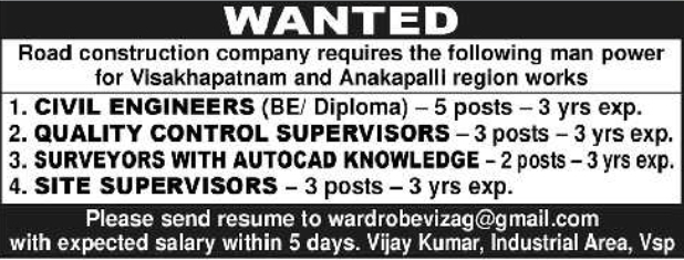 Manpower Recruitment Notice for Road Construction Works in Visakhapatnam
