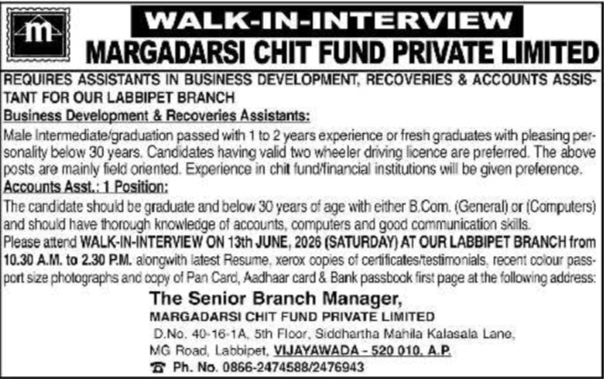 Margadarsi Chit Fund 2026 Walk-In Recruitment Drive