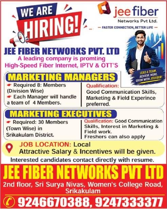 Marketing Manager & Executive Job Vacancies in Srikakulam