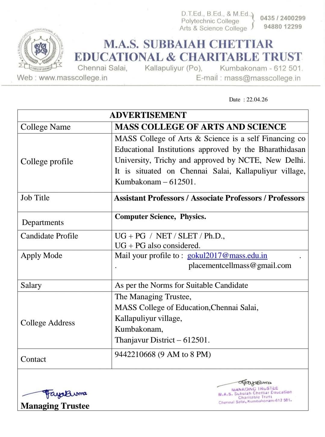 Mass College of Arts and Science Recruitment for Faculty Positions