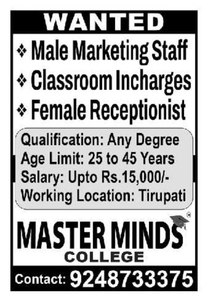 Master Minds College: Multiple Staff Openings