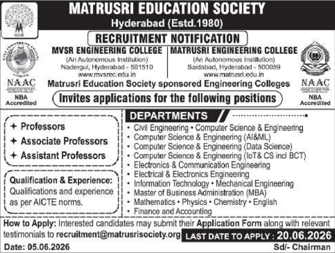 Matrusri Education Society: Faculty Recruitment