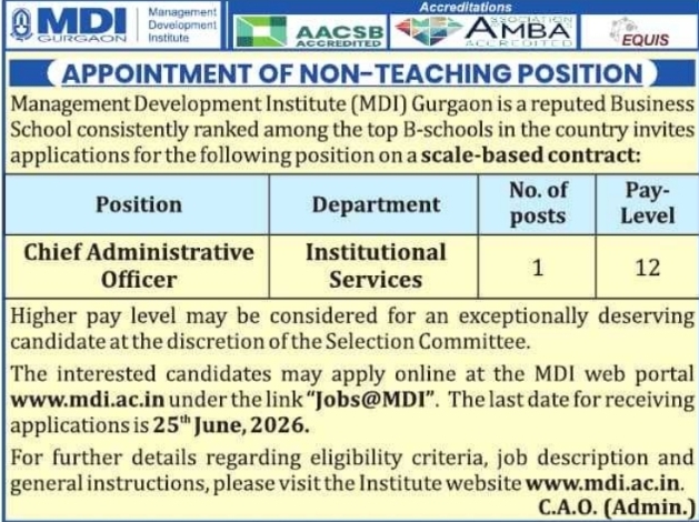MDI Gurgaon 2026 Chief Administrative Officer Recruitment