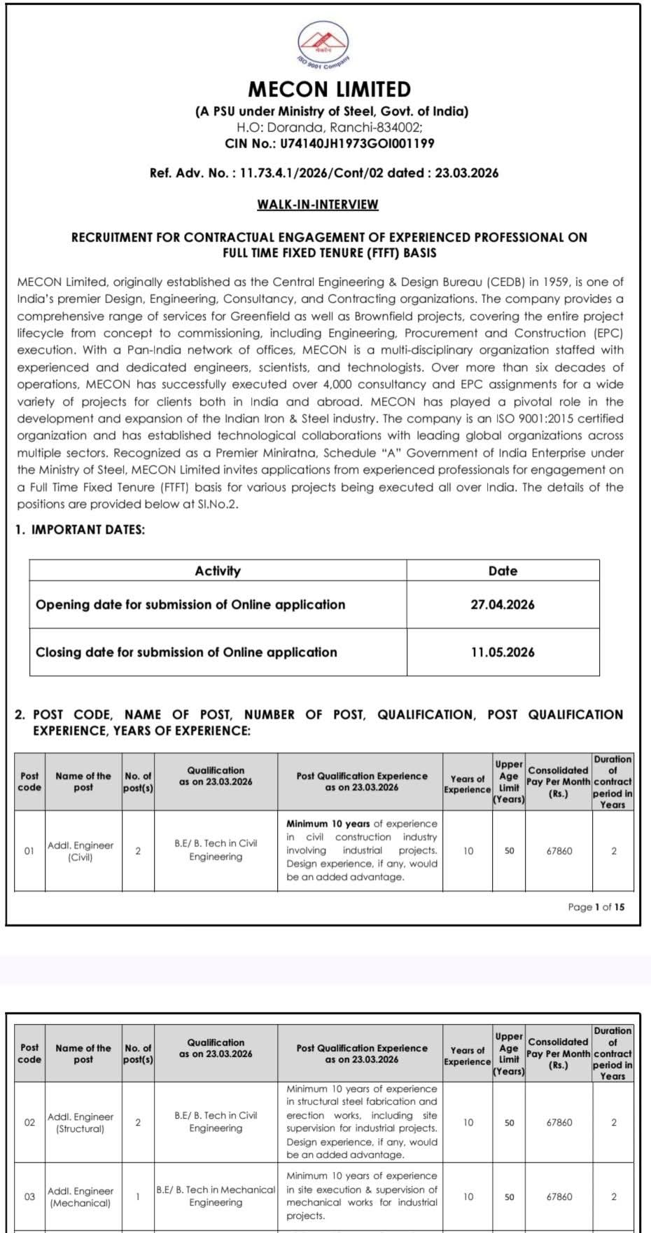 MECON Limited Recruitment 2026: Professional Vacancies