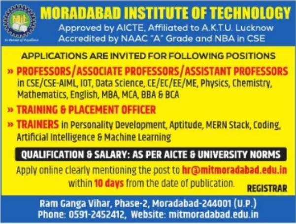 Moradabad Institute of Technology: Recruitment 2026