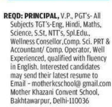 Mother Khazani Convent School: Multiple Academic & Admin Recruitment