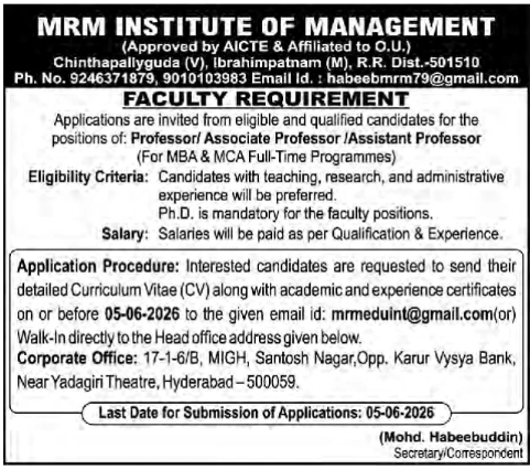 MRM Institute of Management: Faculty Recruitment