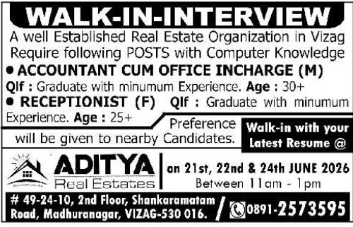 Multiple Job Vacancies at Aditya Real Estates