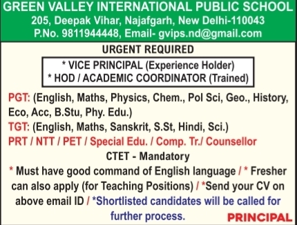 Multiple Teaching and Admin Openings at Green Valley International Public School