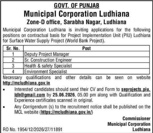 Municipal Corporation Ludhiana: Recruitment 2026