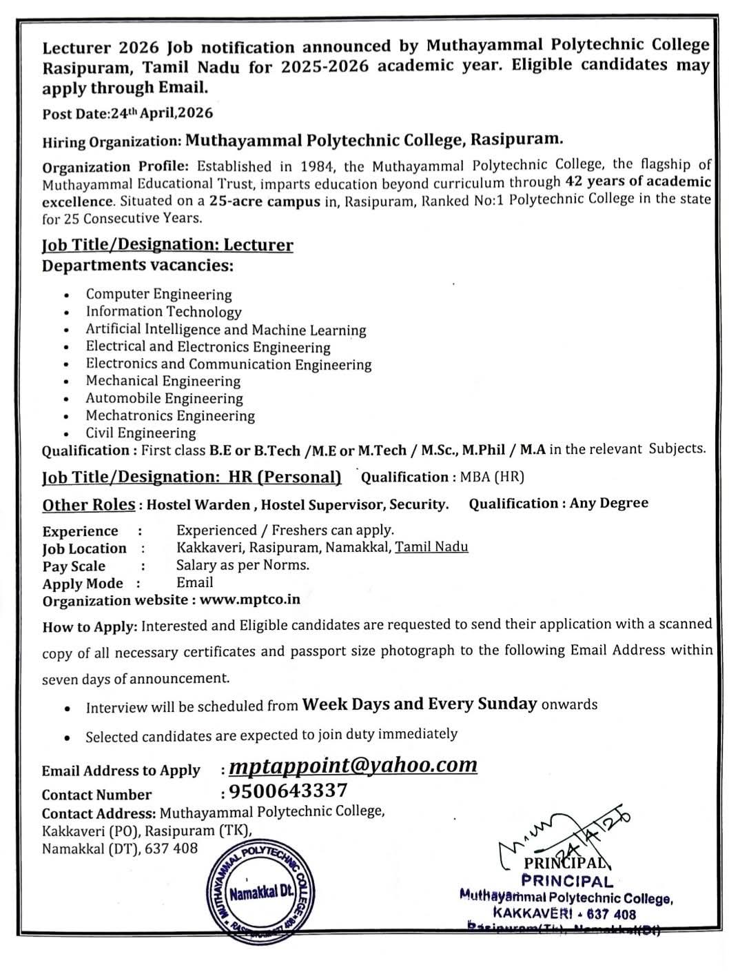 Muthayammal Polytechnic College Recruitment for Lecturer and Staff Positions