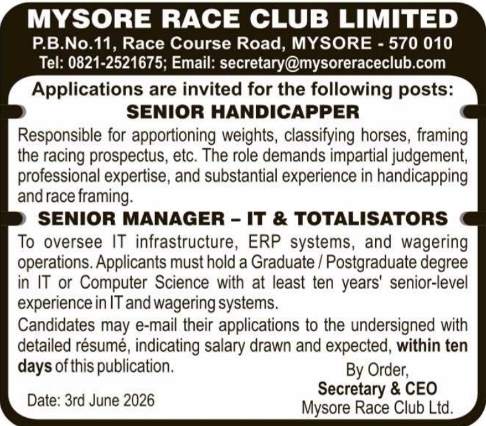 Mysore Race Club Limited Recruitment: Vacancies for Senior Management Roles