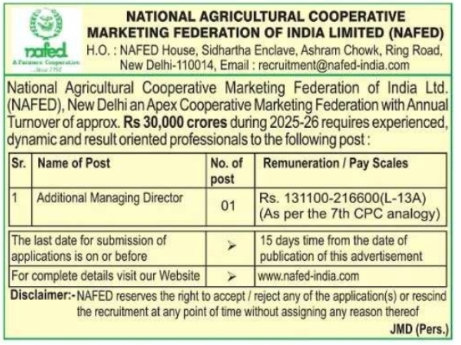 NAFED Additional Managing Director Recruitment Notice