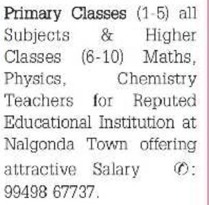 Nalgonda Town Reputed Institution: Faculty Openings