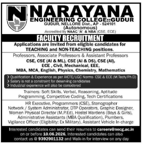 Narayana Engineering College Faculty Recruitment
