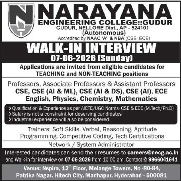 Narayana Engineering College: Faculty Recruitment