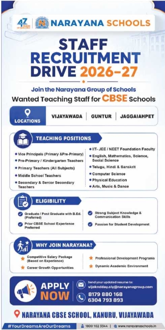 Narayana Schools CBSE Staff Recruitment Drive