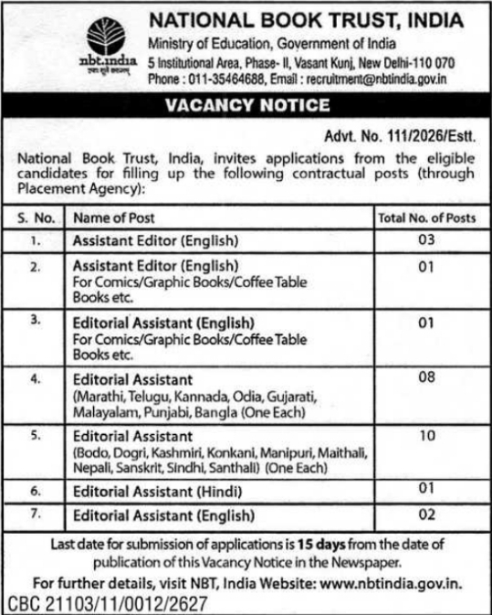 National Book Trust Vacancy Notice: Contractual Editorial Positions