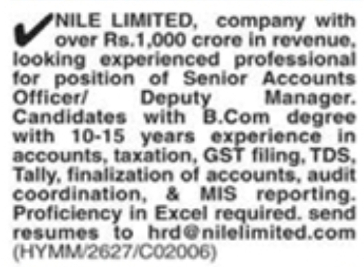 Nile Limited Senior Accounts Recruitment