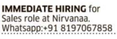 Nirvanaa Sales Role Immediate Hiring